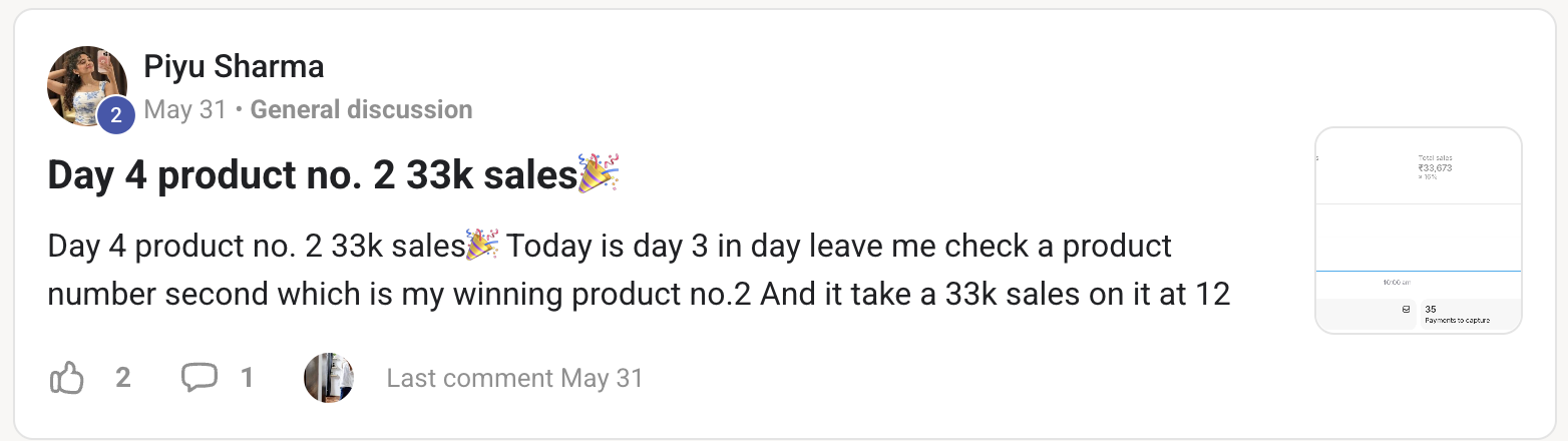 Community post: ₹33,000 in sales on day 4